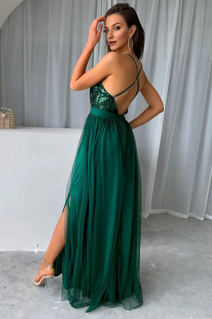 Robe Weitese vert foncé, coupe trapèze, bretelles spaghetti, robe de soirée longue sans manches avec fente, robe de bal